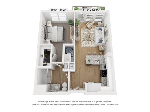 Floor plan for 1 bed, 1 bath, 615 sqft